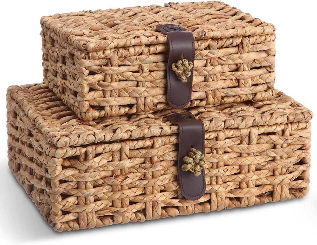 Novabright 2 Pcs Seagrass Storage Basket Box with Lid Decorative Box Storage Basket with Lid Rectangular Woven Shelf Baskets Bins for Coffee Table, Home Decor Organize Snack Toys(small+large)