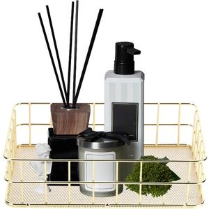 Wire Mesh Baskets, 9.6 x 6.5 in Golden Desktop Metal Storage Basket Iron Grid Storage Tray Net Basket Storage Bins for Home Cosmetic Stationery