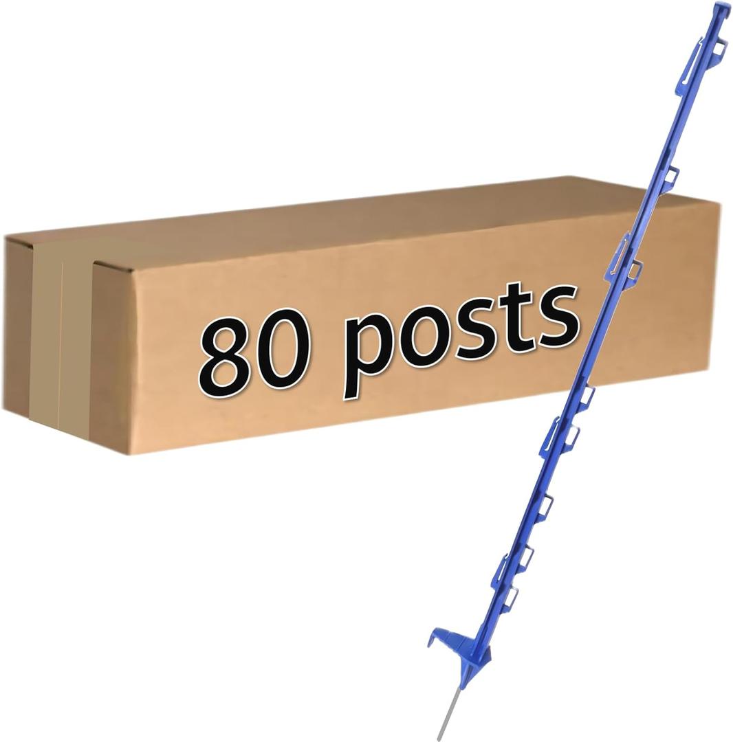 Step-in Fence Post (80 Pack), 42 Inch, with 12 lugs for Holding Wire and Tape, Blue