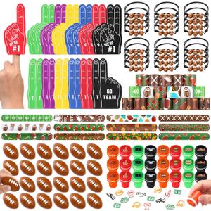 Aoriher 120 Pcs Football Sport Balls Party Favors Set Serve 24, Football Goodie Foam Finger Mini Stress Ball Slap Bracelet Charm Bracelet Stamp for Kids Party Supplies