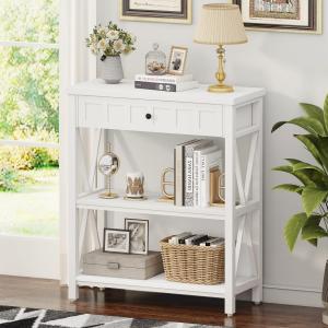 FATORRI Small Bookcase with Drawer, Wood and Metal Bookshelf for Small Space, Short Book Shelf and Low Book Case for Living Room (White Oak)