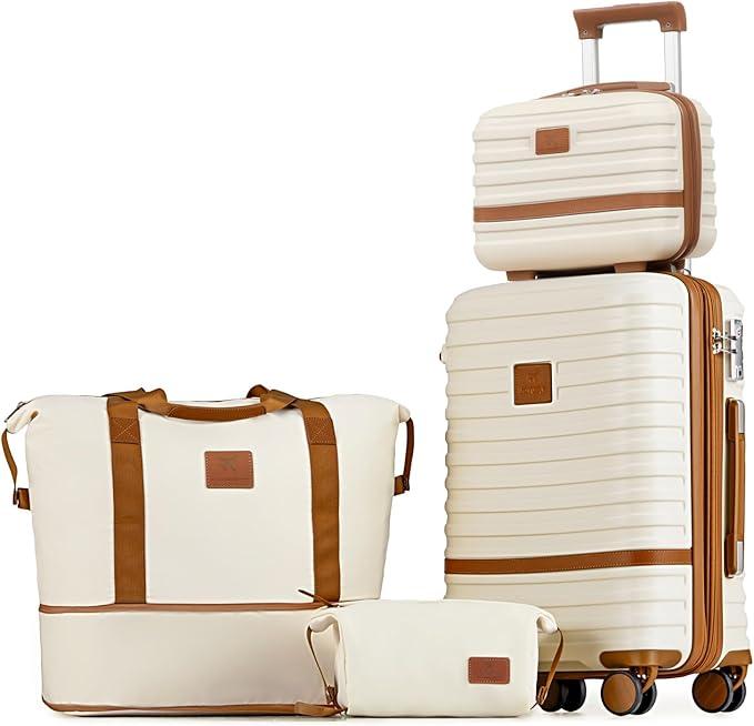 Joyway Luggage 2 Piece, PP Hardside Carry on Suitcase 20 Inch with Double Spinner Wheels, Lightweight Checked Luggage 24 Inch with TSA Lock, Beige Brown