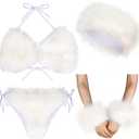 Ramede 4 Pcs Women's Faux Fur Bikini Bra Top Fur Headband Wrist Cuffs Bikini Panties Set Furry Suits for Women Swimsuits (White)