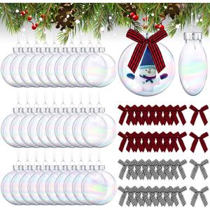 Yookeer 64 Pcs Christmas Ornaments Plastic Discs Clear Iridescent Fillable Balls with Silver Cap and Black White Red Buffalo Plaid Bows for Craft DIY Tree Wreath Decoration (Iridescent, 3.15 Inch)