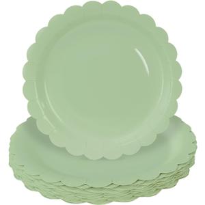 HEIPINIUYE 50 Pieces Sage Green Paper Plates 9 Inch Sage Scalloped Plates Disposable Dinner Plates for Wedding Baby Shower Birthday Party Dessert Plates
