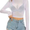 Women's Mesh Tops See Through Shirts Long Sleeve Bodycon Sheer Blouse Clubwear (White, S)