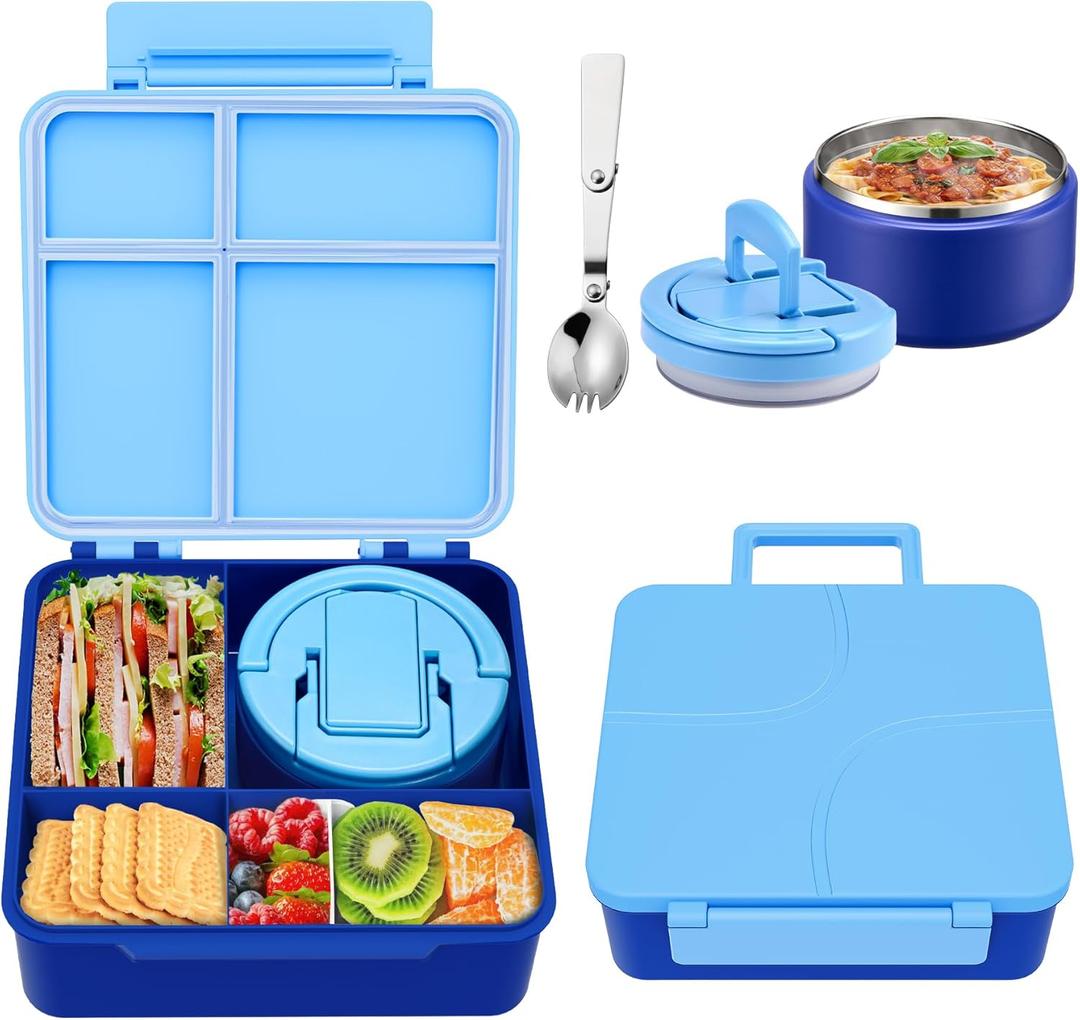 Bento Lunch Box for Kids with 8oz Soup Thermo, Kids Leakproof Lunch Food Containers with 4 Compartment, Kid Insulated Thermo Hot Food Jar for School, Travel-Blue