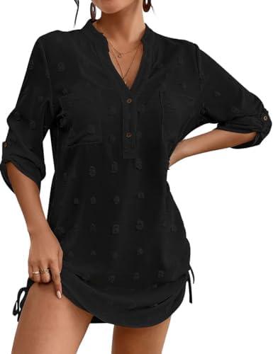 Women Swimsuit Coverups V Neck Swiss Dot Beach Cover Ups Shirt Dress Summer Vacation Outfits with Pocket Size S