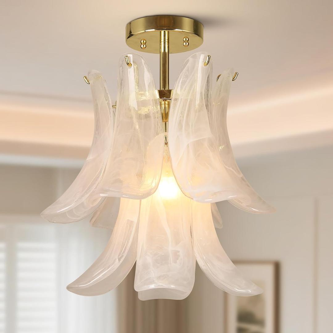 Modern Floral Pendant Light, Frosted Glass Petals Chandelier with Gold Finish,Single Light Hanging Fixture for Dinning Room,Living Room,Hallway.Size D15.94 xH13.97, Small