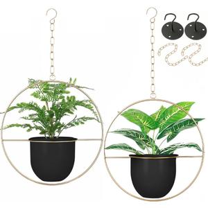 2 Pack Hanging Planters for Indoor Plants with 5.5" Pot + Ceiling Hook + Extender Chain | Hanging Plant Holder, Metal Minimalist Planter, NO Plant incld (Black & Gold)