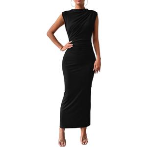 BTFBM Women's Ruched Bodycon Dress Summer Casual Sleeveless Back Slit Elegant Club Evening Party Cocktail Maxi Dresses (Large, Black)