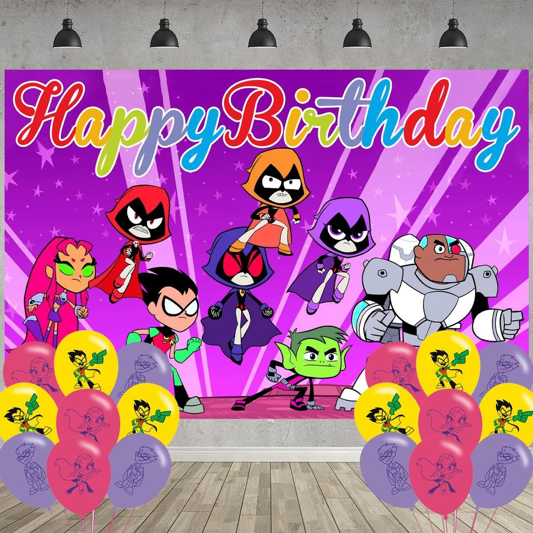 Cartoon Birthday Party Decoration, Party Photo Background 5 x 3 FT and 18 Pcs Balloon, Merch Party Backdrop Supplies