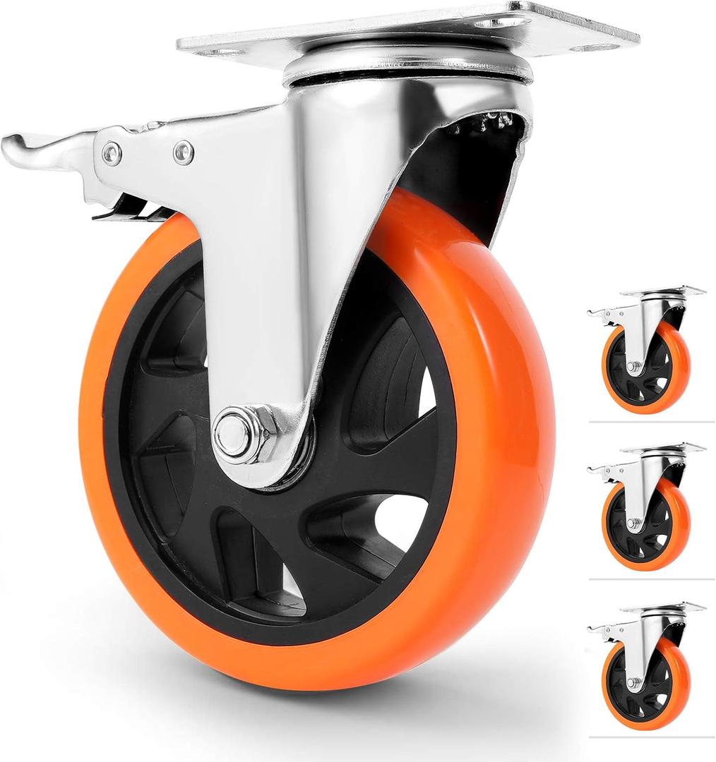 W B D WEIBIDA 5 inch Swivel Caster Wheels with Dual Locking, Heavy Duty Castors Set of 4, Silent Rolling, Top Plate Casters for Cart, Workbench, Furniture (Hardware Kits)