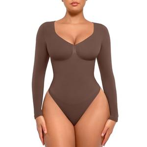 FeelinGirl Slimming Bodysuit for Women Tummy Control Thong with V Neck Seamless Shaping Body Suits Chocolate XS