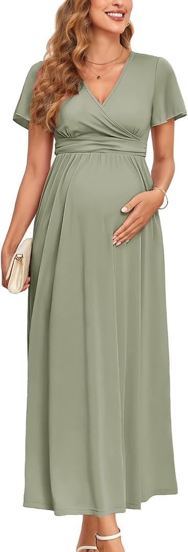 AISWI 2025 Women's Maternity Maxi Dress Long Sleeve Wrap V Neck Pregnancy Dresses with Pockets Baby Shower Photoshoot Formal (Green, S)