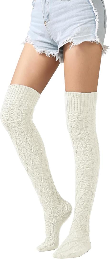 Bestjybt Women's Cable Knit Thigh High Socks Over the Knee Boot Socks Long Thick Winter Sweater Stockings Leg Warmers (White)