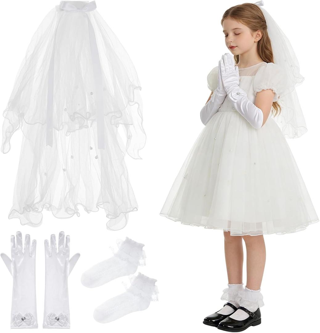 5 Pcs First Communion Veil Set with Gloves and Socks Holy Catholic Veil for 1st Communion Dresses Baptism Ceremonies (White)