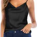 Women's Silk Satin Camisole Cowl Neck Tank Top Cami Silky Basic Tank Shirt Blouses (8-10, M, Black)