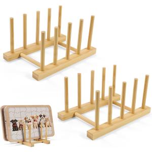 2 Pack Bamboo Puzzle Rack - 4 Slots Puzzle Organizer for Tidying Kid Room, Puzzle Storage for Displaying Toddlers Books and Puzzles