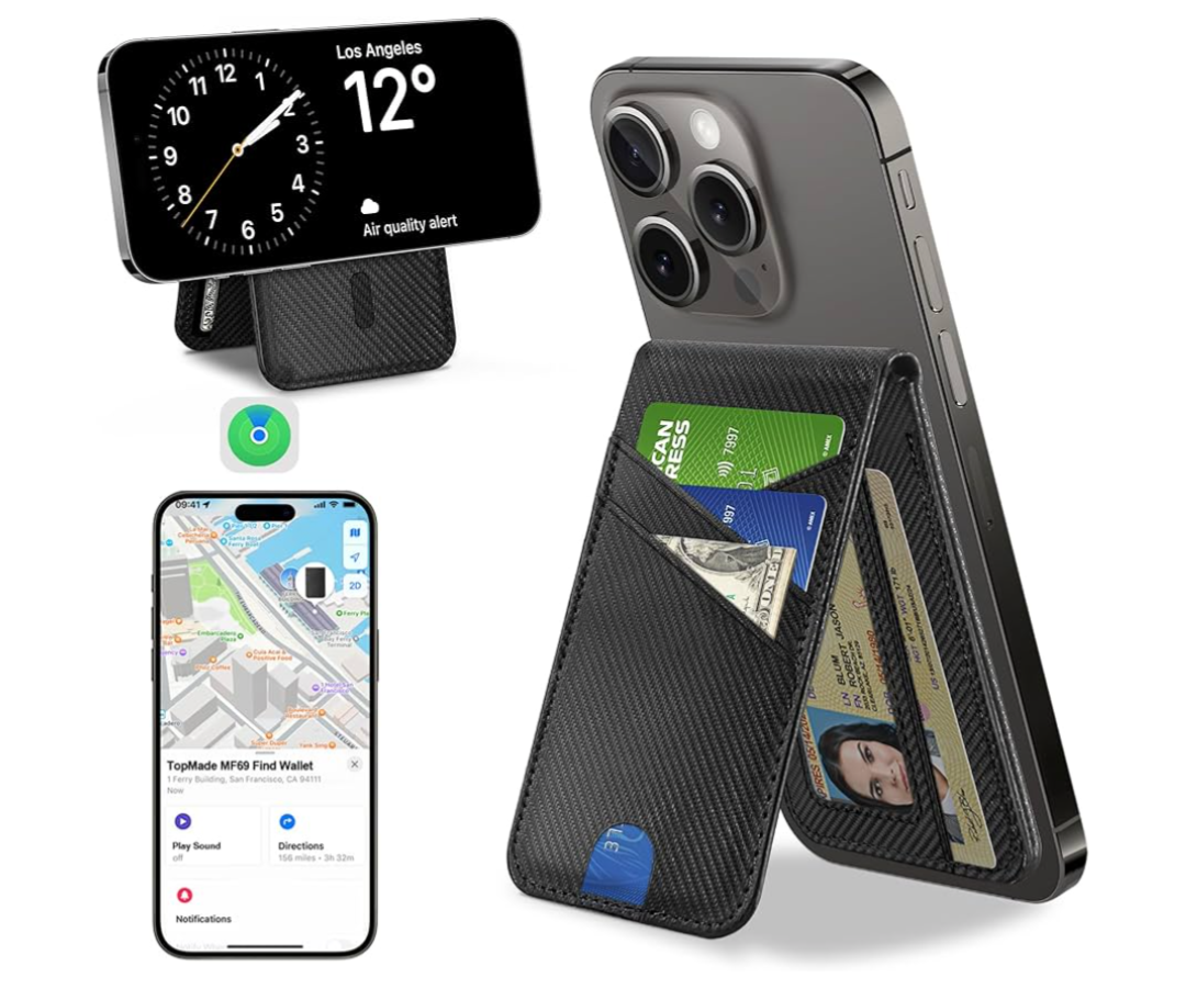 TopMade for MagSafe Wallet, Works with Apple Find My, Magnetic Wallet for iPhone 17/16/15/14/13/12 Series, for iPhone Wallet Stand with Finder Tracker, 6 Card Holder, RFID Blocking, Black Carbon Fiber
