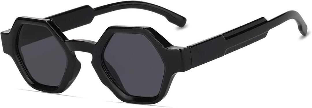 Hanj Small Square Sunglasses for Men Women Trendy Designer Hexagon Sun Glasses Classic Retro Shades (Black/Black)