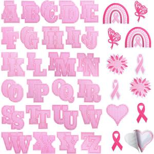KINGSOW Self-Adhesive Letter Patches for Clothing: 64PCS Pink Buffalo Plaid Fabric Letters Stick on Patches - Ribbon Bows Embroidered Sew Applique for Breast Cancer Awareness Shirt Hat Backpack Socks