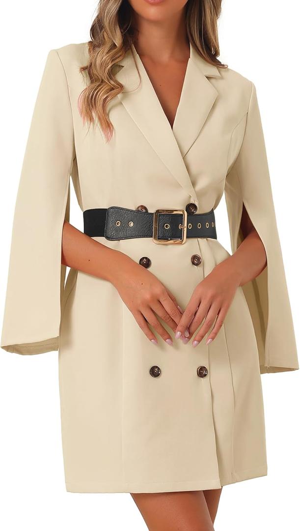 Allegra K Womens Work Dresses Slit Sleeve 2025 Fall Belted Double Breasted Business Blazer Dress (Medium, Beige)