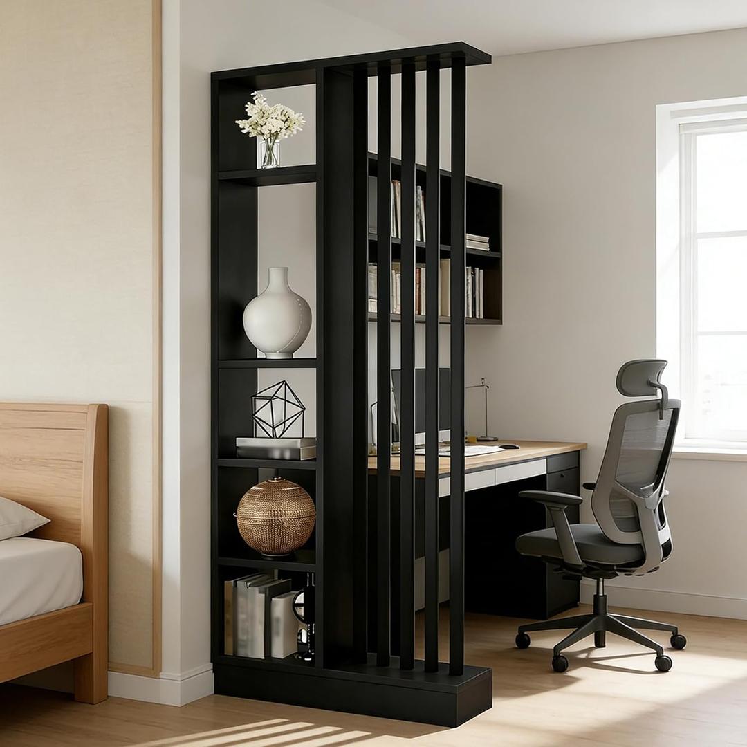 Room Divider with Shelves, Entrance Hall Partition Screen Column Floor to Ceiling - Freestanding Room Divider with Storage Shelf (A Black + Black, 31.5in / 80cm)