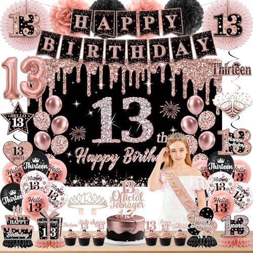 13th Birthday Decorations for Girls, Black Rose Gold It's My 13th Birthday Banner, Balloons,Hanging Swirls,Cake Topper,Backdrop,Crown,Sash,Paper Fans,for Happy 13 Years Old Party Decor Supplies