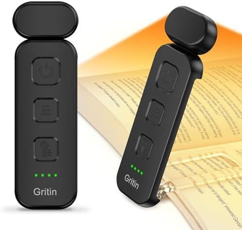 Gritin Reading Light, Rechargeable Book Light for Reading in Bed - Eye Caring 3 Color Temperatures, 5-Level Dimmable Brightness, Long Lasting, Compact Size Clip on Book Lamp for Bookworms-Black