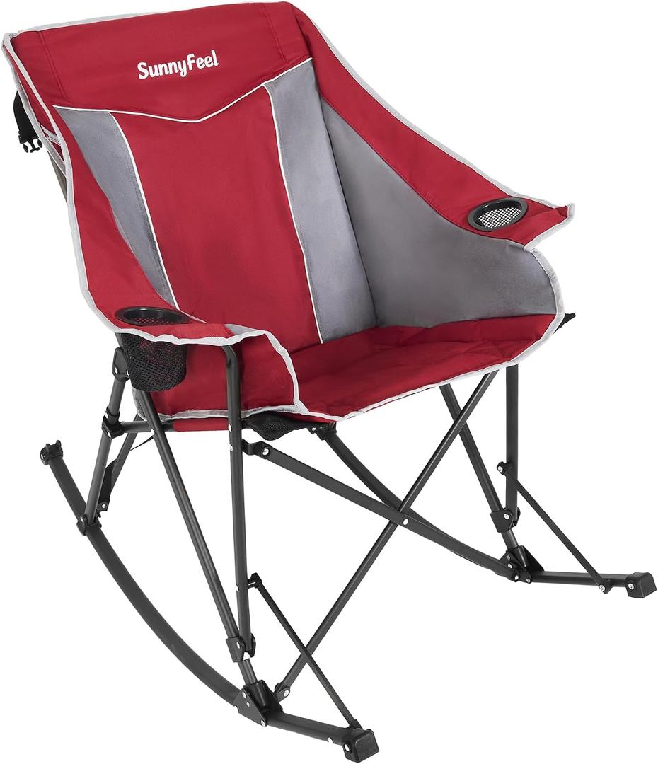 SUNNYFEEL Oversized Folding Rocking Camping Chair Fully Padded Patio Chair Red Portable Outdoor Rocker High Back Portable Lawn Recliner with Side Pocket Camp Rocker Chairs Heavy Duty 500 LBS, 107L x 95W x 55/92H cm