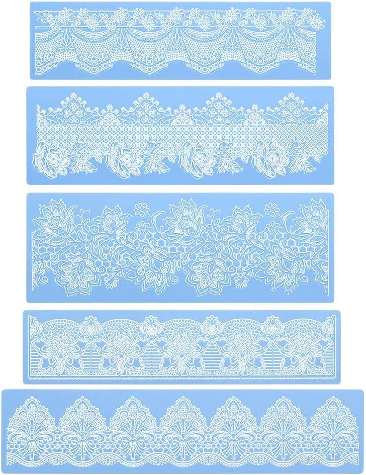Beasea Silicone Lace Mold, 5pcs Lace Fondant Molds for Cake Decorating Flower Pattern Mat Moulds Sugar Craft Tools - Blue (03.Blue with Floral Style)