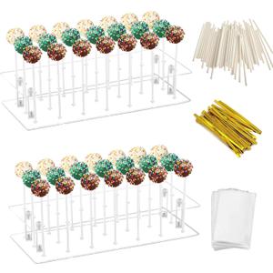 2 Pcs Cake Pop Stand, 21 Holes Cake Pop Holder with 300 Pcs Accessories, 2 Tier Clear Square Lollipop Holder for Birthday, Wedding, Party, Halloween, Candy Decorative