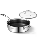 DELUXE Hybrid Nonstick 3.7 Qt Deep Sauté Pan with Lid, Stainless Steel Skillet with Stay-Cool Handles, Dishwasher and Oven-Safe, Deep Frying Pan, Compatible with All Cooktops