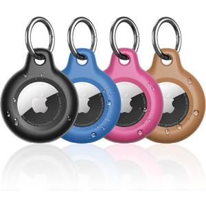 Supfine Waterproof Airtag Holder,4 Pack Air Tag Keychain,Full Body Protective Tracker Case with Loop Key Ring for Apple Tags,IPX8 Airtags Cover for Wallet,Luggage,Cat,Dog,Pets,for Item Finder (Black/Blue/Brown/Rose Red)