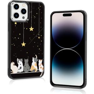 Black Cute Cat Phone Case Iphone 14 Pro Max - 6.1 Inch Cute Cat Iphone Case, Non-Slip Pattern Design and Shock Absorption, Soft Silica Gel Frame Support Black Phone Case for Teen Girls and Sisters