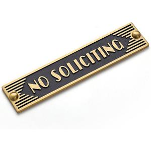 Brass No Soliciting Sign 6.5" for Home/Office, Brushed Matte Brass Finish, Hidden Screws and Nanotape Adhesive, Classic Design for Front Door, House, Business, Wall Decor, Doorbells - Rectangle
