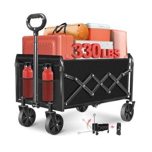 Wagons Carts Foldable - Collapsible Wagon Cart - Foldable Wagon Cart with Wheels - Folding Wagon Cart - Lightweight Portable Folding Utility for Beach Camping Sports Garden, 330 LBS Capacity/Black