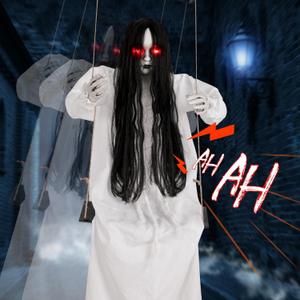 Halloween Decorations Outdoor, Scary Hanging Swinging Girl Props Sound & Slap Activated with Creepy Sound Expressions Light Up Eyes, Halloween Outside Ghosts for Haunted House Yard Lawn Decor