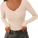 PRETTYGARDEN Women's V Neck Long Sleeve Shirts | Soft Stretchy Fitted Tshirts, 2026 Fall Trendy Casual Going Out Tops, Winter Lightweight Underscrub Layering Clothes (Beige, M)