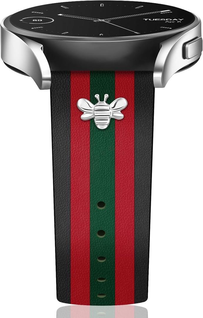 Designer Leather Bands with Charms Compatible with Samsung Galaxy Watch 7/6/5/4/Active 2 40mm 44mm/Watch 6 Classic 43mm 47mm/Watch 5 Pro 45mm/Watch 4 Classic 42mm 46mm, 20mm (A3 Black/Red/Green+Silver)