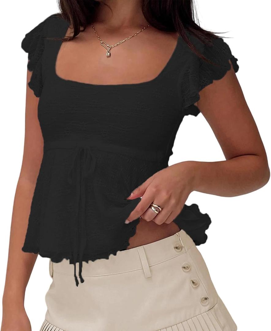 Meihuida Women's Lace Babydoll Cap Sleeve Tank Top (Medium, Tie Front Black)