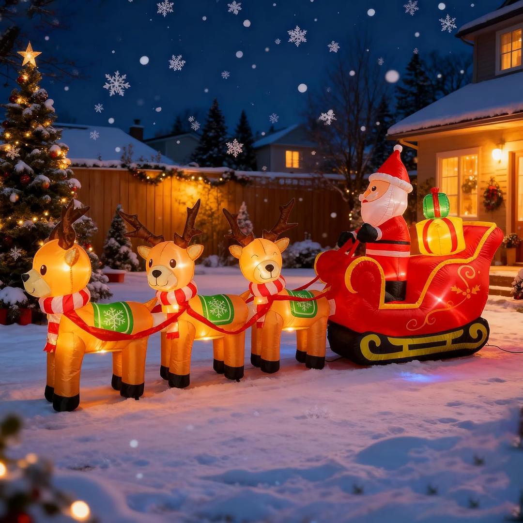 VCUTEKA Christmas Inflatables Outdoor Decorations, 12FT Blow Up Santa Claus Sleigh with Reindeer and Gifts, Animated Christmas Inflatable Yard Decoration with LED Lights for Holiday Lawn Garden Dcor
