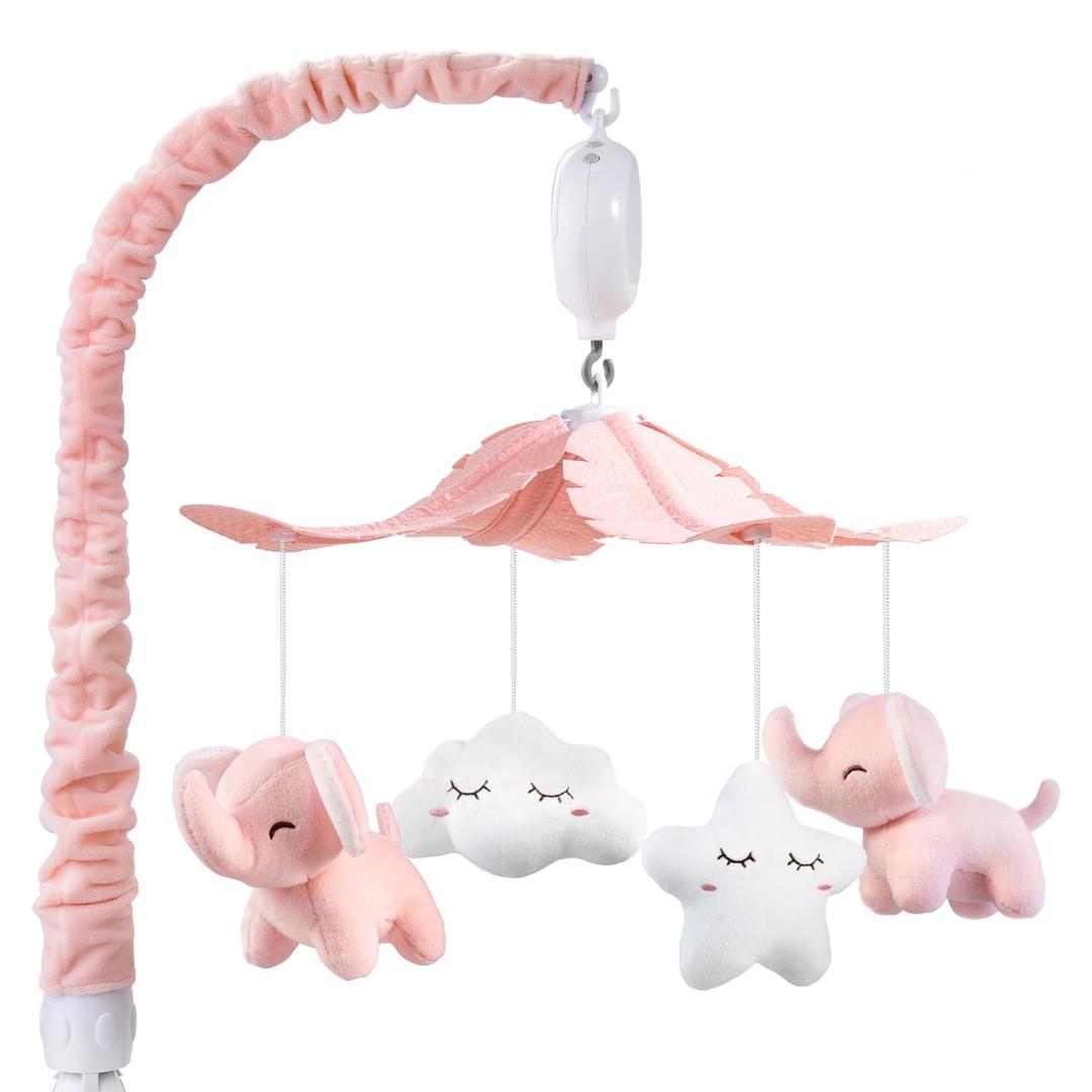 FEISIKE Crib Mobile for Girls Baby Mobiles with 3 Modes Digital Music BoxTurn Only, Music Only, Turn & Music, 35 Lullabies, Pink Elephant Nursery Mobile, Clamp Type, Pretty Box Packaging