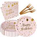 105PCS Happy Birthday Plates and Napkins Party Supplies, Scalloped Paper Plates and Napkins with Forks Tableware Set for Birthday, Serve 35 (Light pink)