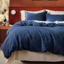 Bedsure Cotton Duvet Cover Queen - 100% Cotton Waffle Weave Navy Blue Duvet Cover Queen Size, PureWoven Breathable Bedding Set for All Season, 3 Pieces, 90"x90"