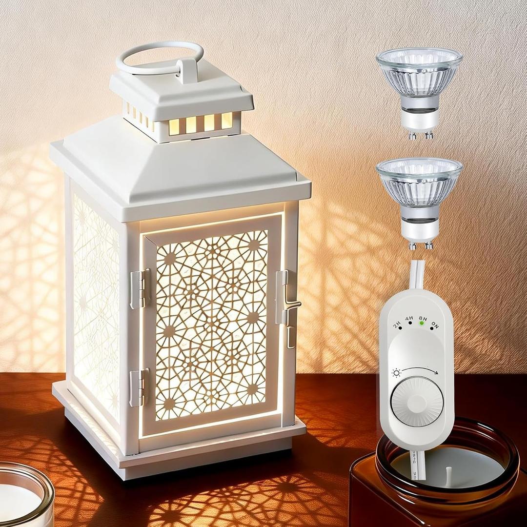 White Candle Warmer Lamp with Timer Stepless Dimming, Auto Shut-Off 2H/4H/8H, Top-Down Heating for Large Jar Candles, Flameless Enclosed Lantern Style, Farmhouse Decor, Housewarming Gift (2 Bulbs)