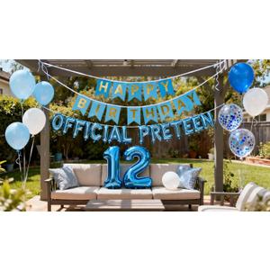 12th Birthday Decorations Blue for Boys, Official Pre-teen 12th Party Decoration, Blue Birthday Banner Silver Number 12 Star Foil Balloons Confetti Balloons for 12Year Old Boys(12th)