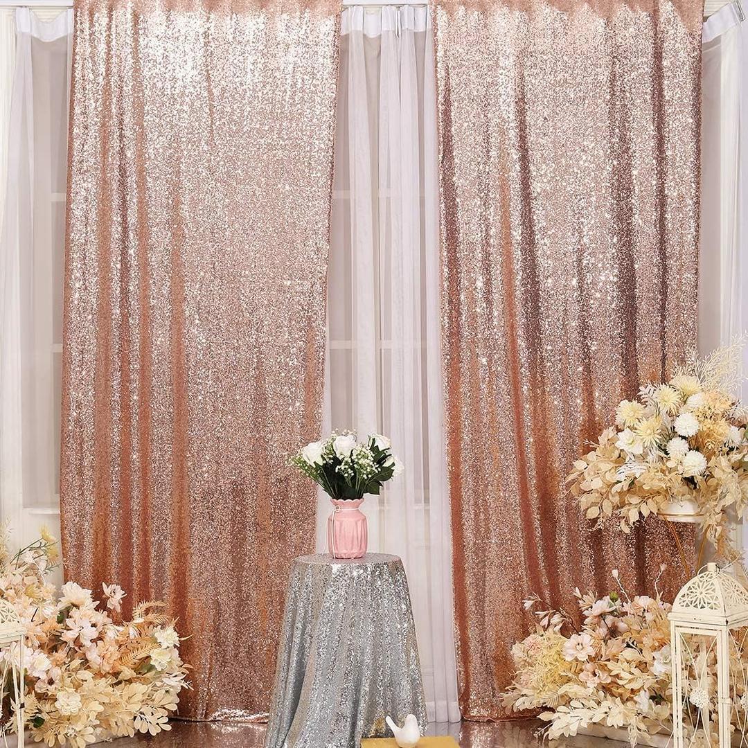 Poise3EHome Rose Gold Sequin Backdrop Curtain, 4 Pieces 3FT x 8FT Sequin Backdrop Panels,Sequence Wedding Party Background Drapes