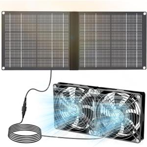 Solar Powered Fan, Solar Fan for Outside Greenhouse Shed Chicken Coop with Dual Brushless Fan, Black
